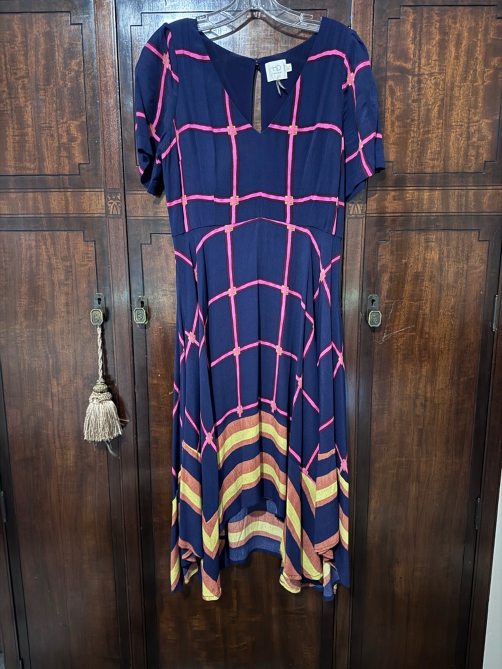 HD in Paris Navy Dress with Pink Grid and Multi-Color Striped Hem